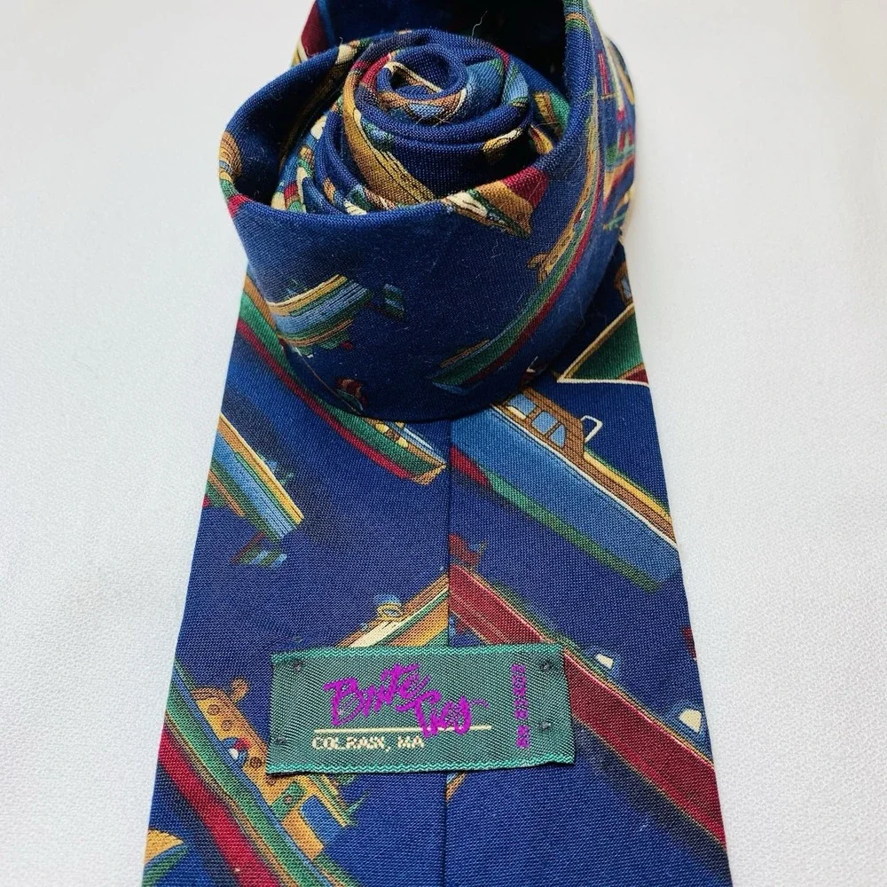 Brite Ties Antique Wooden Boats Sailing Theme Mens VTG Cotton 60x3.75